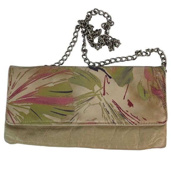 MAURIZIO TAIUTI Genuine Leather Crossbody Chain Strap Clutch Handbag Beige Sz S - Picture 1 of 12